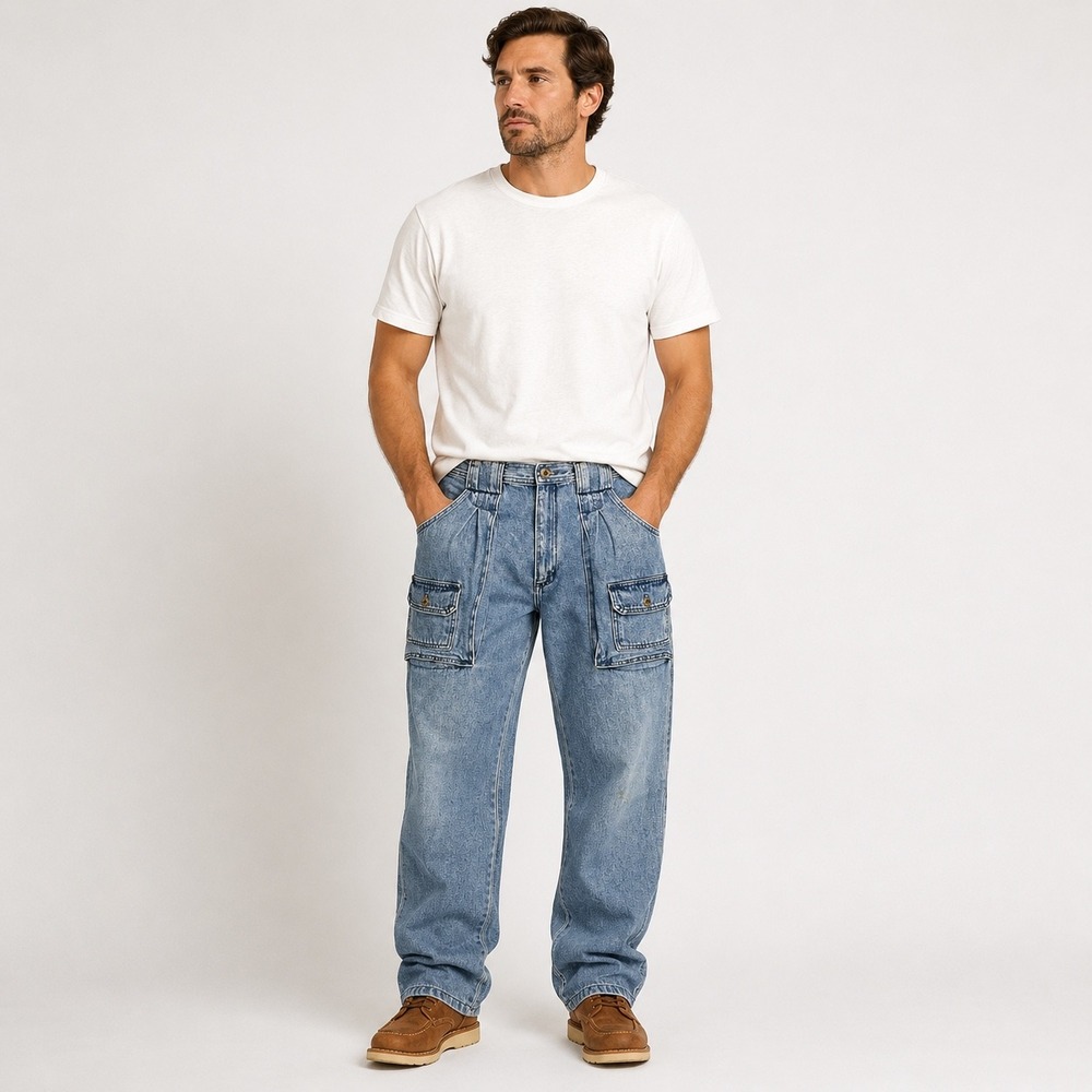 Vintage 90's Eddie Bauer Mens Cargo Denim Pants Light Wash Pleated 35x31 Utility